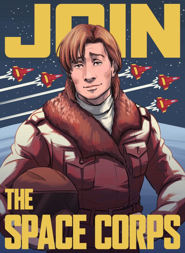 Colored illustration of a large recruitment poster with Ace Rimmer on it and the slogan: "Join the Space Corps" as seen in the illustration above.
