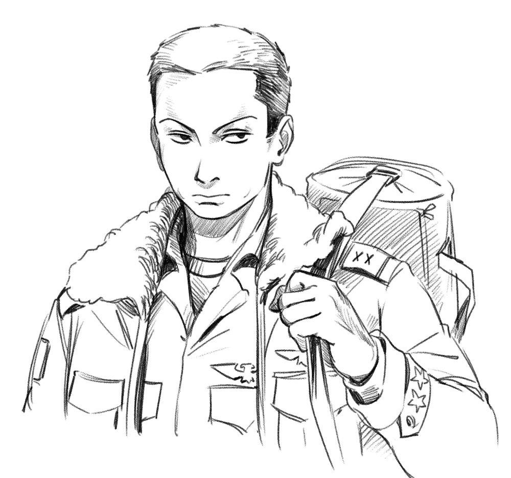 Black and white drawing of Bree Jagdea from the shoulders up. She is holding a bag slung over her shoulder with a cold stare. 