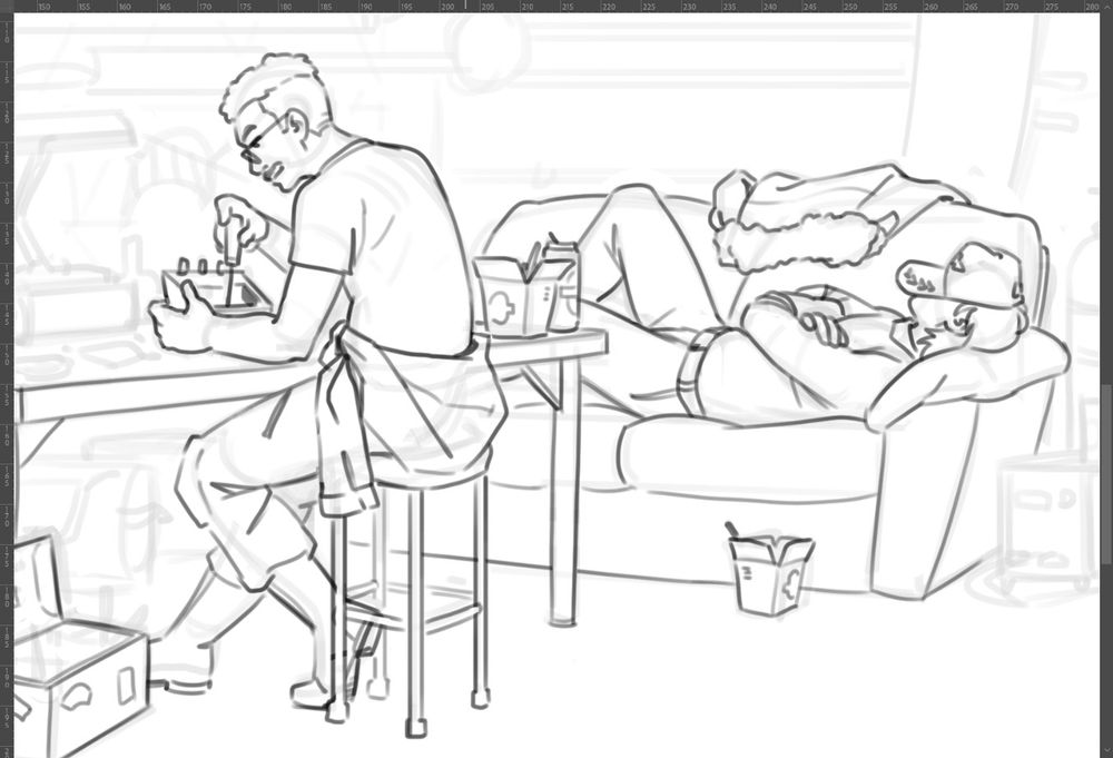 Unfinished cropped drawing of Spanners working at his workbench while Ace sleeps on a sofa with Spanners's cap over his face in the background.