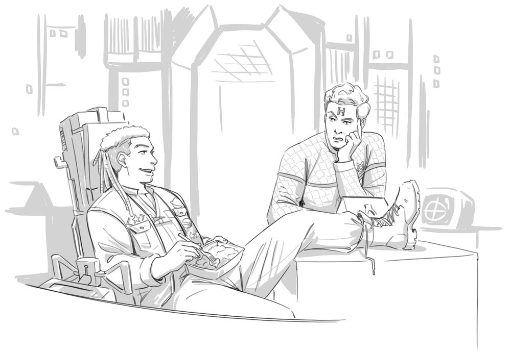 Sketch of Lister and Rimmer sitting in Starbug's cockpit. Lister is sitting in the pilot seat and eating curry with one of his legs propped on the desk of Rimmer's post. Rimmer is resting his chin in his hand, watching Lister with annoyance. 