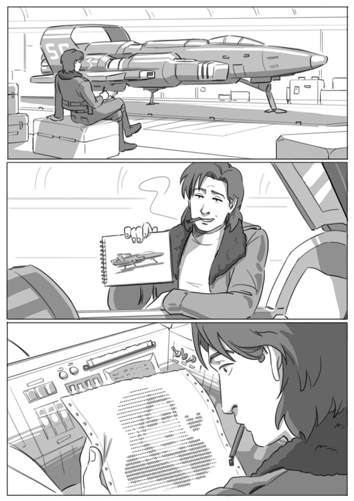A three page greyscale comic featuring Ace Rimmer and his ship. Ace sketches the ship and shows the drawing to the ship's computer in the cockpit. The ship's computer answers by printing an ASCII art style portrait of Ace. 