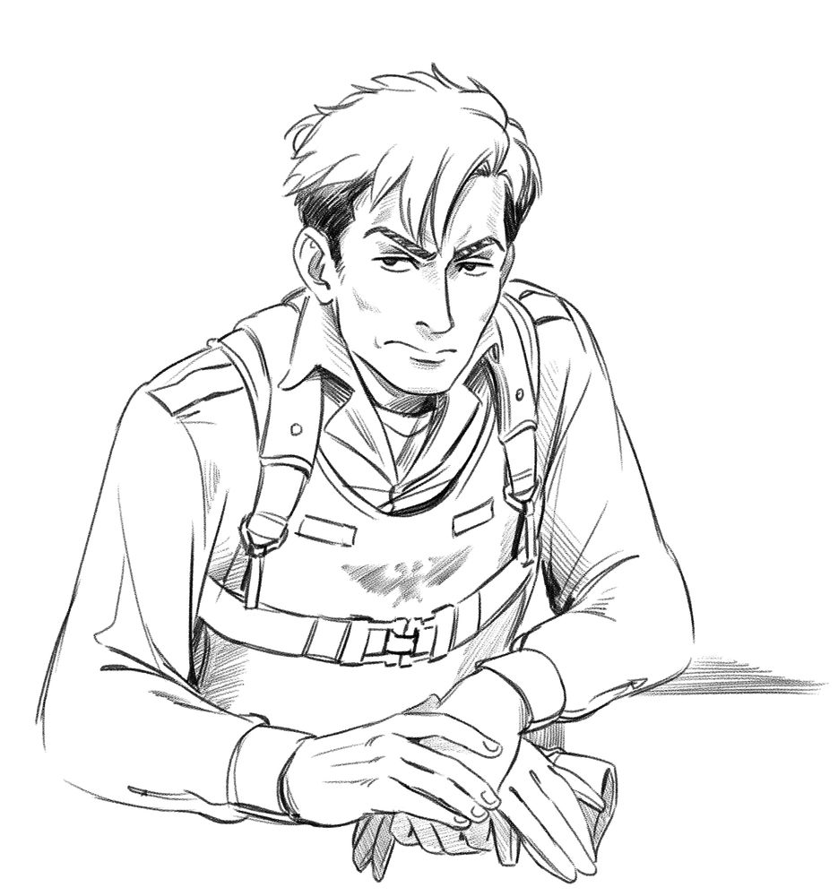 Black and white drawing of Vander Marquall from the shoulders up. He is holding a pair of gloves with a bitter expression. 