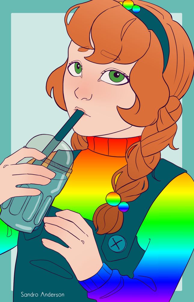 drawing of a rainbow wearing young girl with red hair for artfight