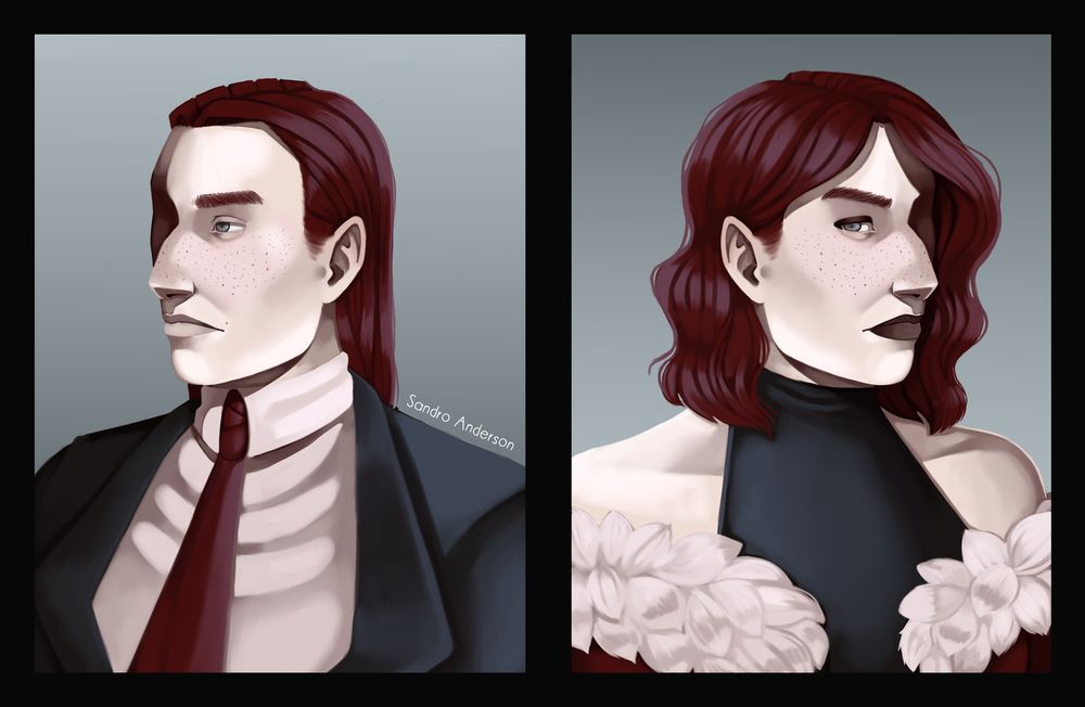 a digital painting of my oc silver, dressed in more masculine and more feminine evening wear.