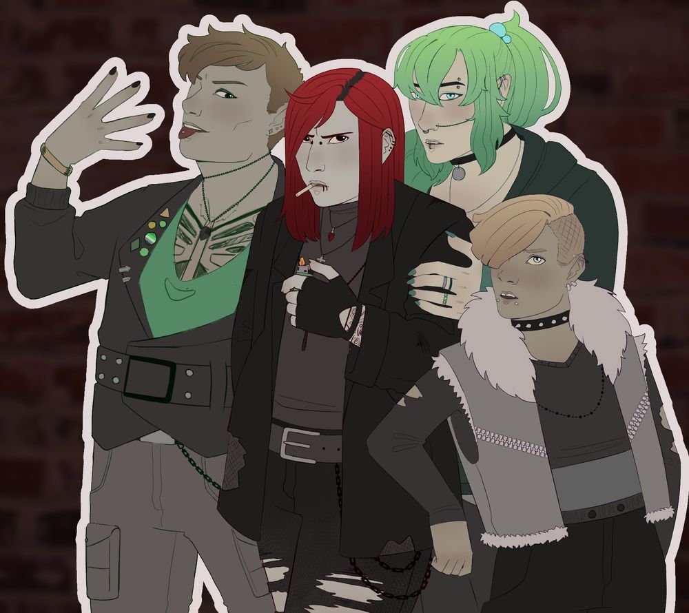 pokemon rival green/blue from pokemon red and blue and firered and leafgreen, silver from pokemon gold, silver and crystal and heartgold soulsilver, n from pokemon black and white and black2 and white2, and gladion from pokemon sun and moon and ultra sun and ultra moon, redesigned to look more alternative and in my style.