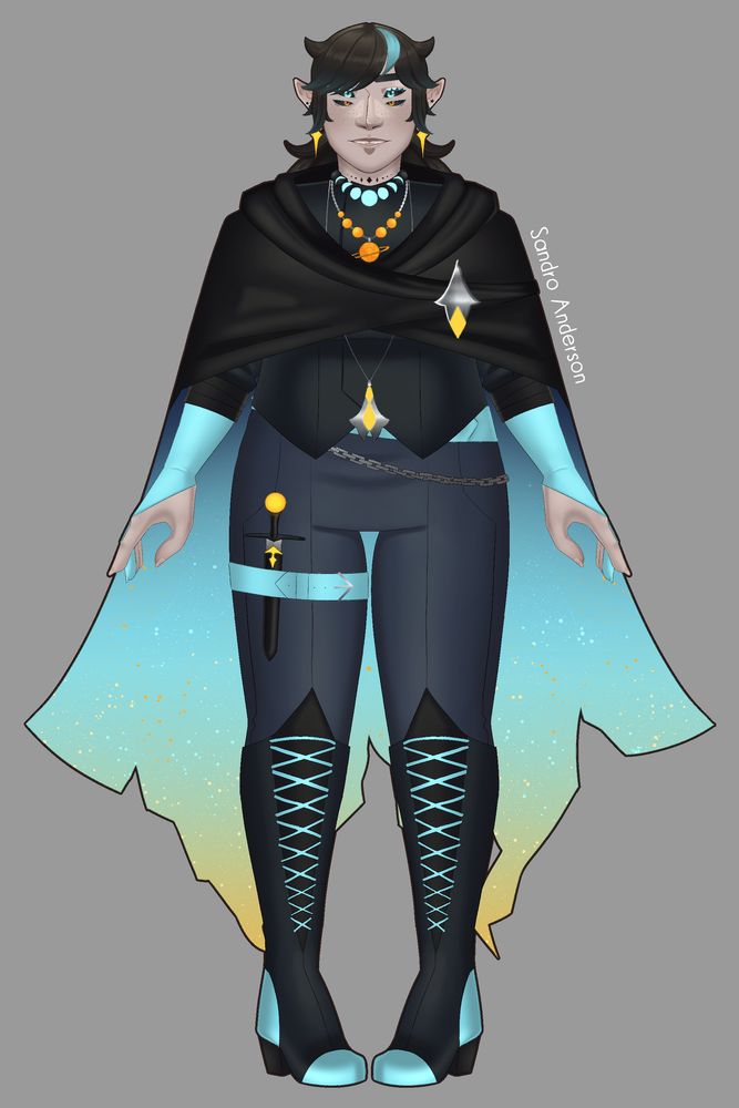 A male v-tuber design with long hair, four eyes and a lot of jewellery. Very space, sci fi, fantasy.