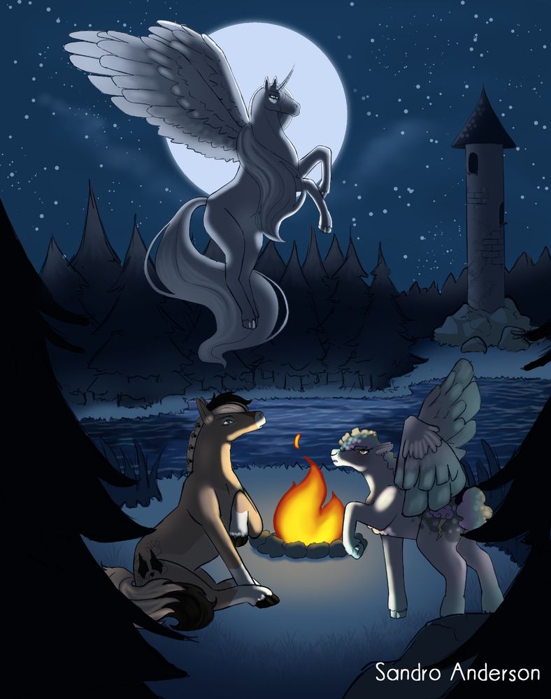 A scenery of a lake at night with a tower in the back, with 3 my little pony ocs around a campfire.