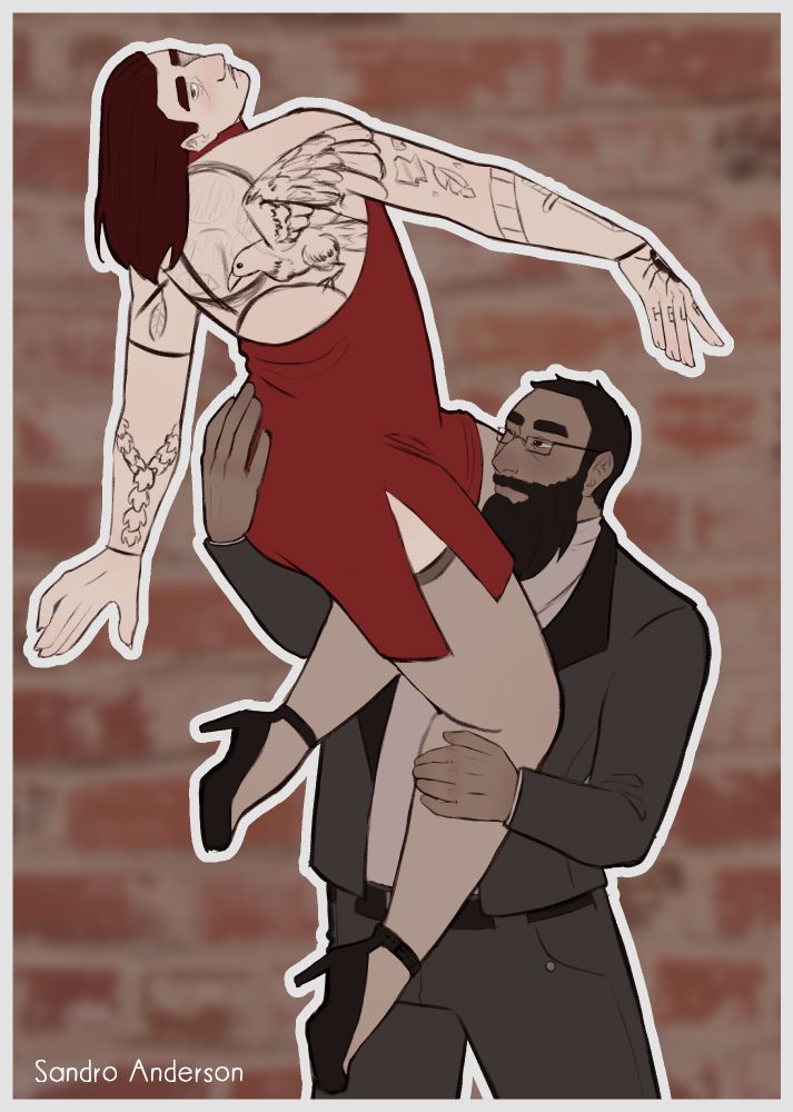 a picture of my ocs silver and azrael dancing. silver is wearing a red dress that shows off his tattoos, and his long, red hair is falling over his back. he is getting lifted up by azrael, who is wearing a brown suit.