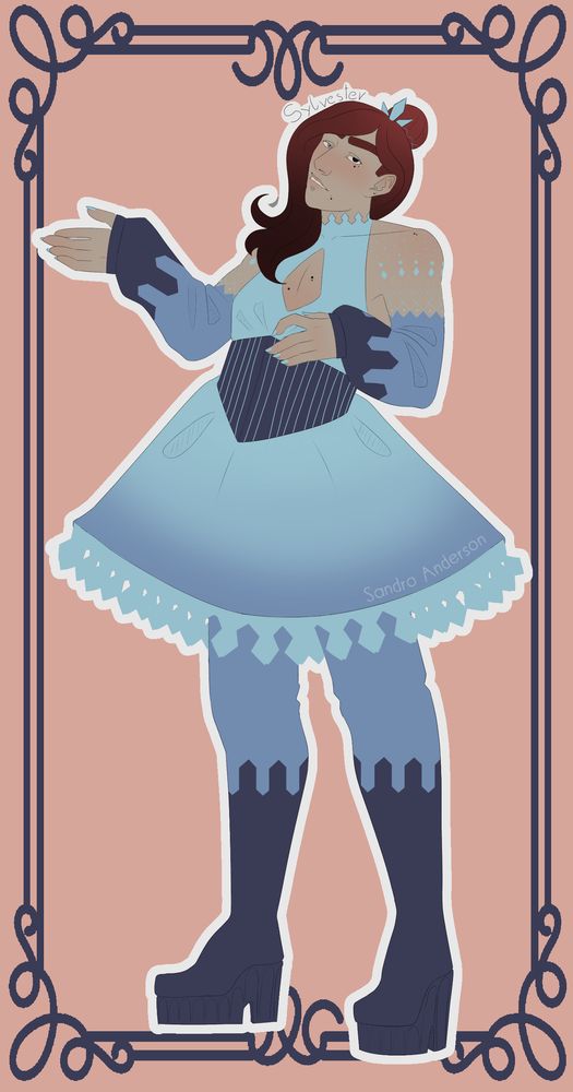 Character design of my oc Sylvester. He is in an ornate, blue gown with thigh high boots and ice crystal details.