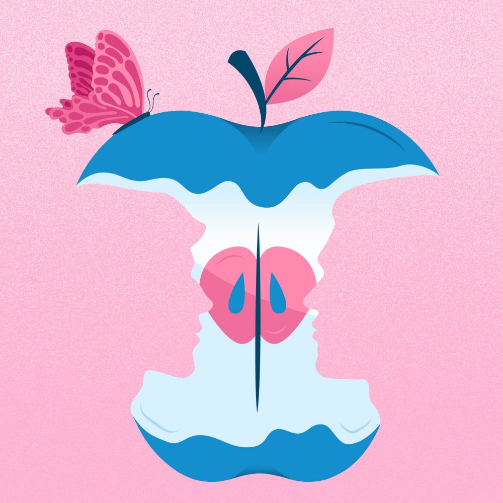 Jayvik Apple Trend in pink and blue. There is a little butterfly on the top of the apple.
