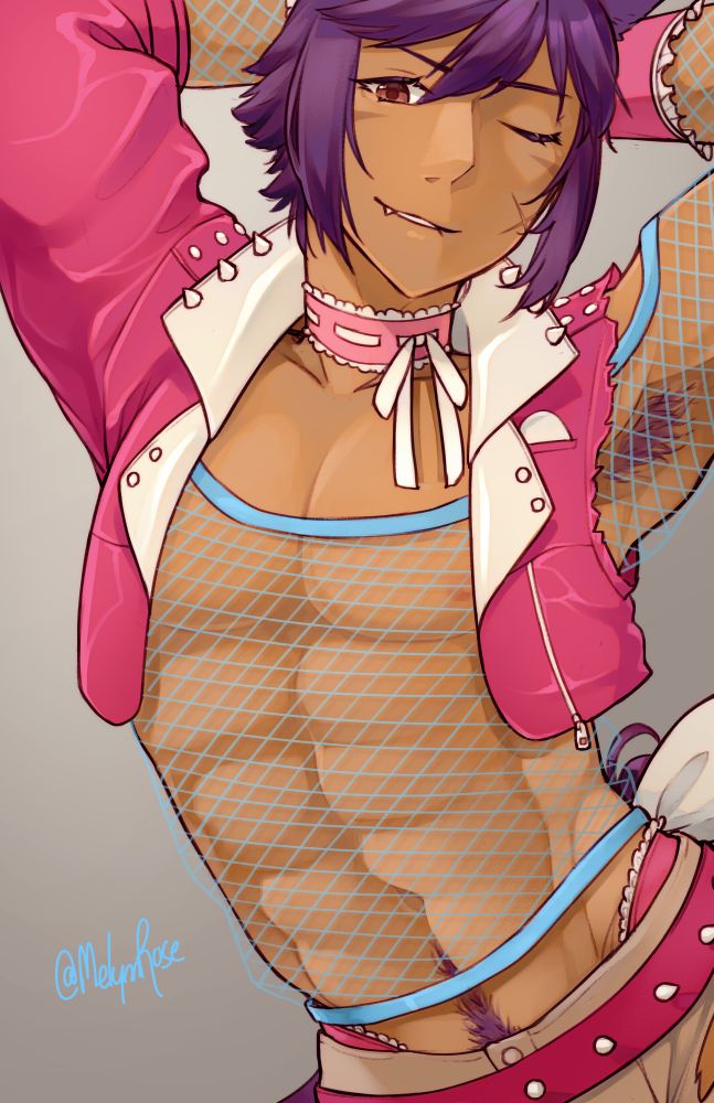 An image of a muscled anthropomorphic dog boy in pink leather and blue fishnet, showing off his armpit while he winks suggestively at you.