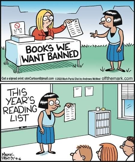 Cartoon depiction, one person handing a book ban list the other person presenting the list as current reading list!