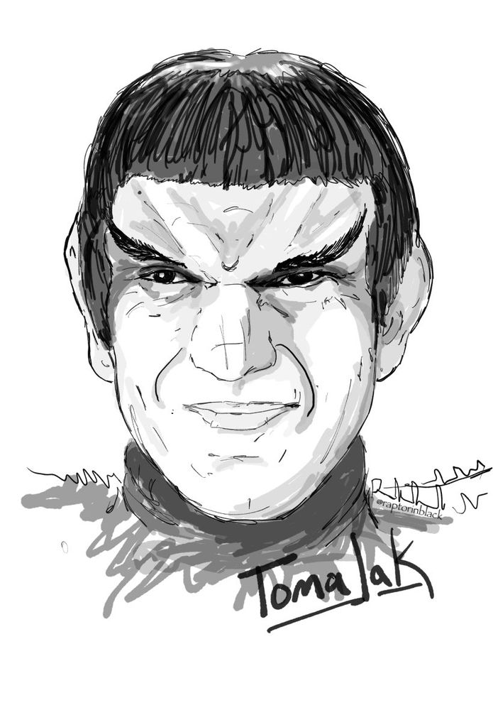 Black and white drawing of Tomalak, head shot

by @raptorinblack