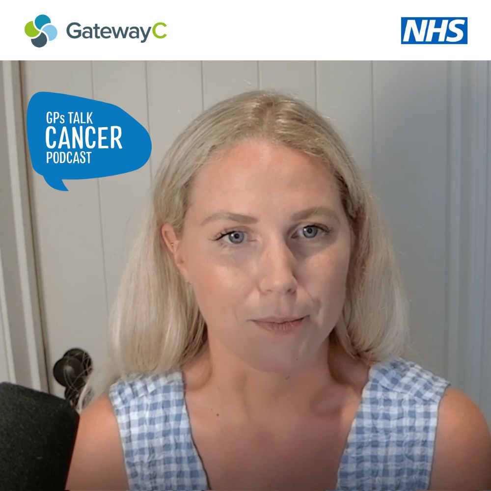 GPs Talk Cancer Genius gut podcast tile. Features guest Dr Emily Leeming and GatewayC, NHS and GPs Talk Cancer branding.