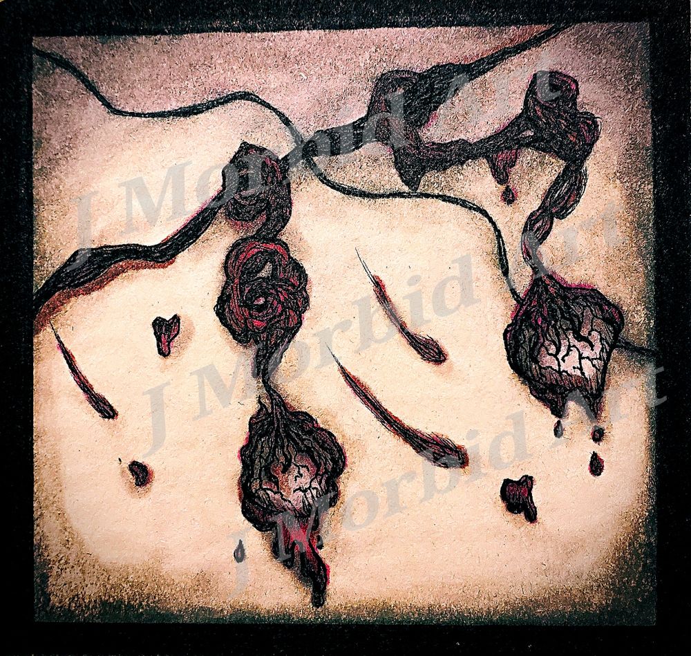 A black ink, alcohol marker and acrylic paint horror illustration. Made of black ink details with different hues of red and grey elements. Two thinly muscled pupilless eyeballs clinging onto a very thin wire, swaying, with warm and neutral gray toned sky within a black square frame.