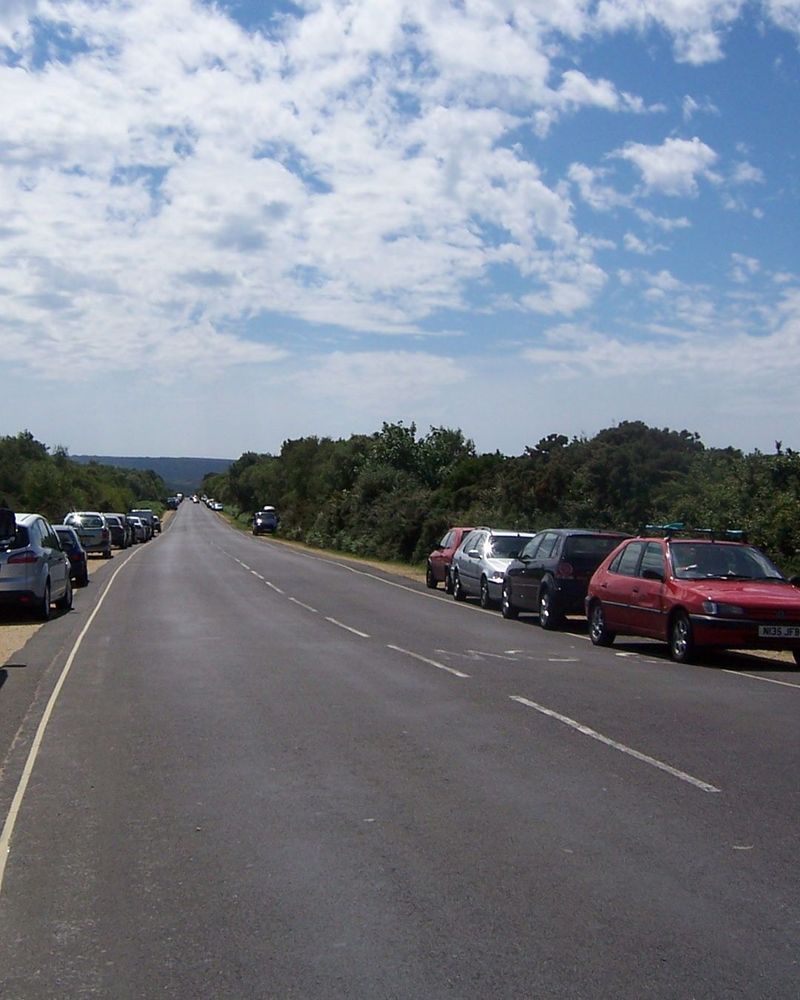 Photograph of a two-lane road stretching into the distance between scrubby trees; the verges are sand and a number of cars are parked on them