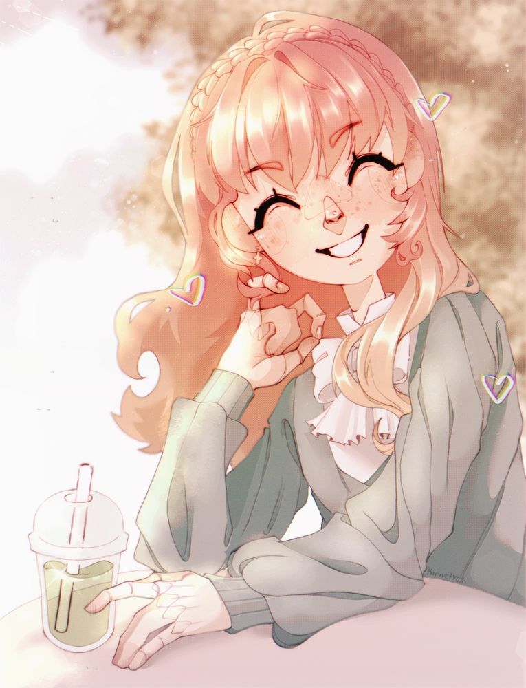 https://artfight.net/character/7330237.penelope
Link to the character 👆
Owner and designer: Liviroon

Its an illustration with pretty light hair girl. She's smiles and playing with a strand of her long hair. Penelope wears green jacket and white shirt with bow underneath. At the very bottom of the image you can see a piece of the table and a drink standing on it next to the girl's hand. Around her 3 colorful hearts. In the backgroung we see a bit of sky and tree foliag.