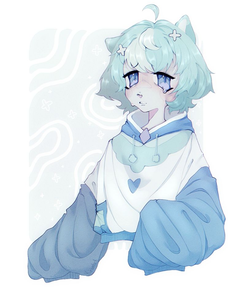 https://artfight.net/character/7516097.kota
Character link on artfight 👆
Owner and designer: SssHnap1k

Here you can see a character with light blue hair with even  lighter strip of hair on their forehead, big blue eyes wearing a white blue hoodie. They also have cat ears. Drawn as half  body, full color and full shading.