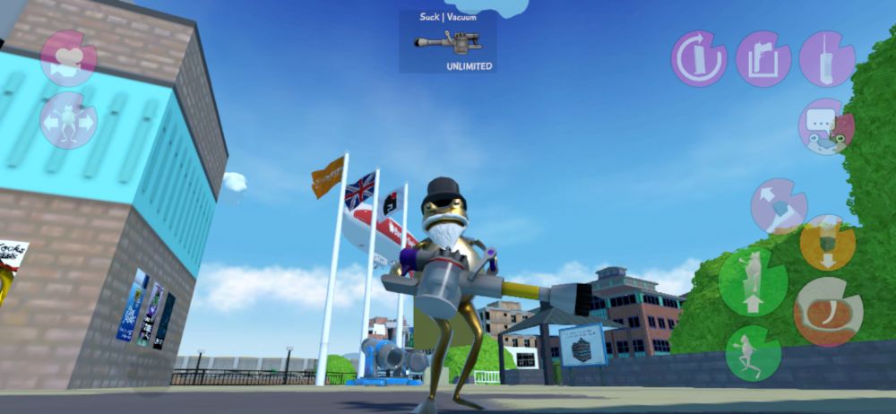 Mobile screen shot of Amazing Frog? Gold frog with top hat holding a vacuum cleaner that looks like a dyson. In swindon