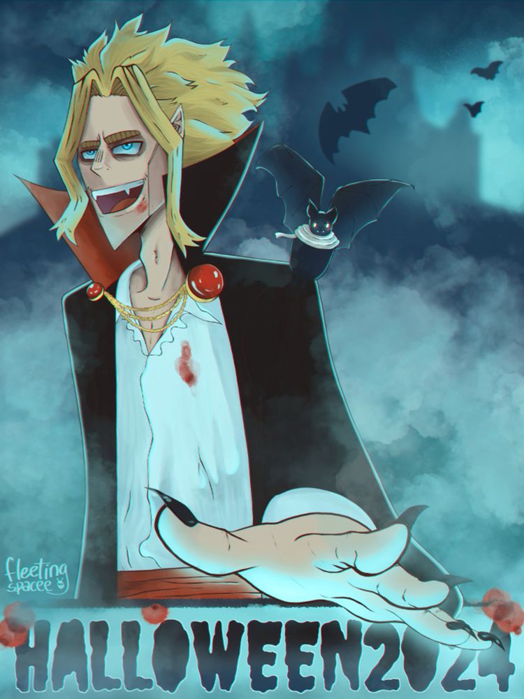 digital painting of yagi toshinori from my hero academia as a vampire. he is reaching towards the viewer, his hand partially obscuring text that says 'halloween 2024'. a tiny aizawa shouta as a bat is sitting on his shoulder. in the background there are more bats and a blurry castle.