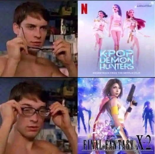 A meme in two parts: Kpop demon hunters poster before glasses, FFX-2 cover after glasses