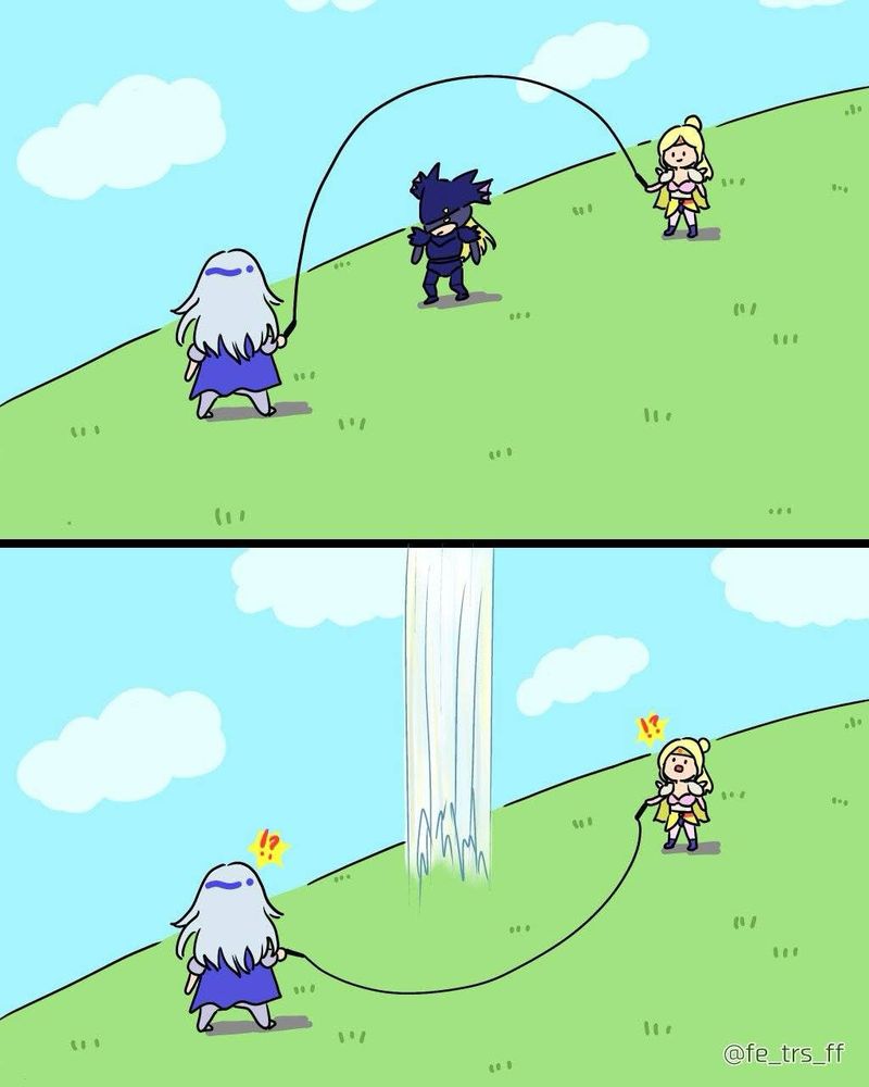 First panel: three characters from the final fantasy franchise are playing jump rope

Second panel: the character in the middle, the dragoon Kain, uses his jump ability and is no longer in the panel, surprising the characters holding onto the rope