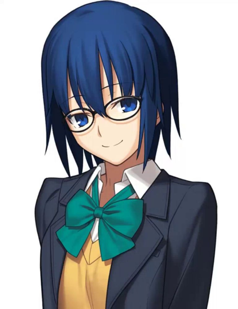 a girl with blue hair wearing glasses and a green bow