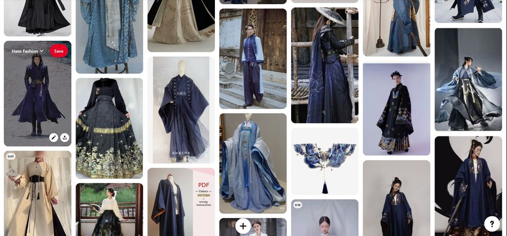 Screenshot of pinterest board featuring flowing outfits of hanfu robes, mamianqun skirts, gold embroidery, and fabrics in dark navy, blue-black, and silvery sky blue. 