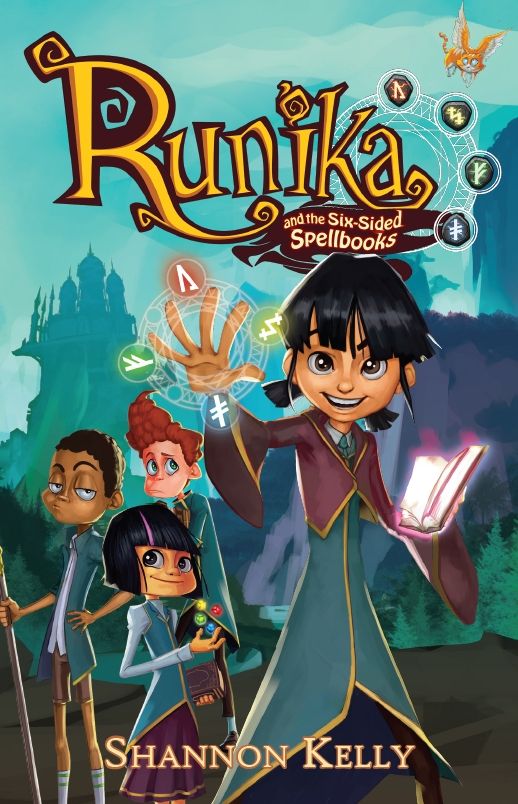 Book cover: Runika and the Six-sided Spellbooks. Four students in uniforms stand ready for adventure as the girl at the front holds a magical book and makes a series of runes in the air. In the background stands a foreboding castle.
