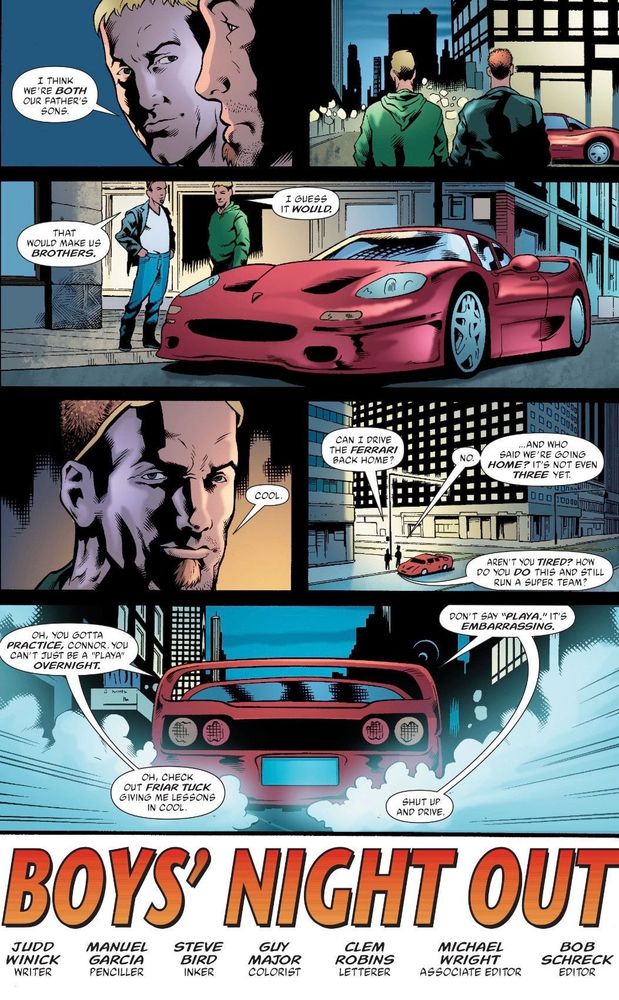 Connor and Roy realize they are more alike than they thought and are like brothers. They then drive off to continue the night, cracking jokes with each other.