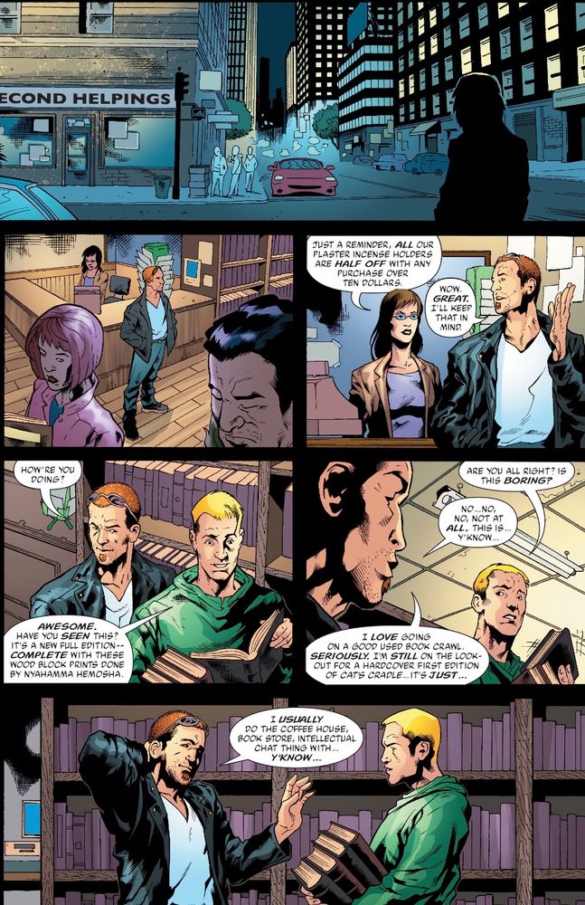 They start the night with what Connor wants to do, go to a bookstore. Connor asks Roy if he is bored. Roy says that this is typically what he does with dates.