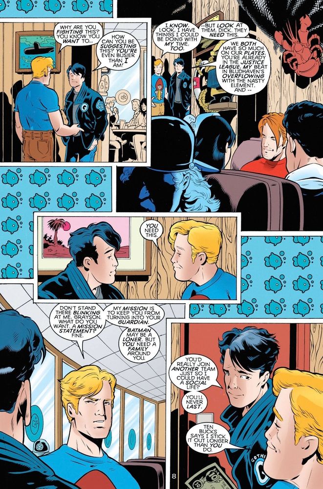 Wally works to convince Dick to reform the Titans. Even though they are both busy, and Wally is in JLA, he says he is doing it for Dick. Dick needs this family so he doesn’t turn into Batman. They bet $10 on who will last longest on the team.