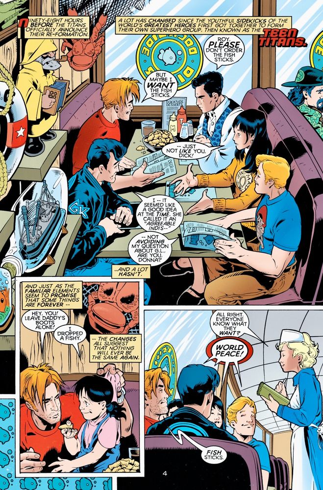 Garth, Roy, Liam, Donna, Dick, and Wally sit at a diner having lunch. Roy is teasing Garth. Wally and Dick are drilling Donna about her relationship with Green Lantern (Kyle). When the waitress comes and asks what they want, they all reply “World Peace”