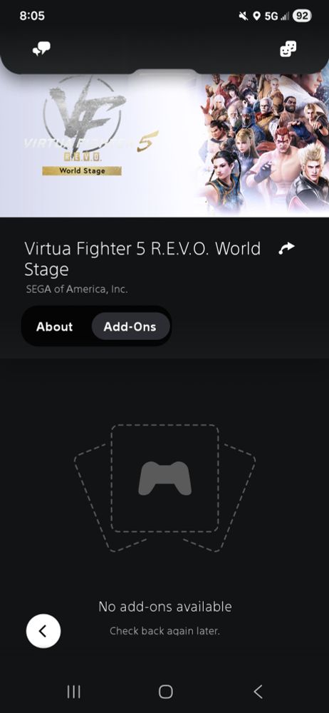 The Virtua Fighter 5 REVO World Stage PS Store page also showing no add-ons available. 