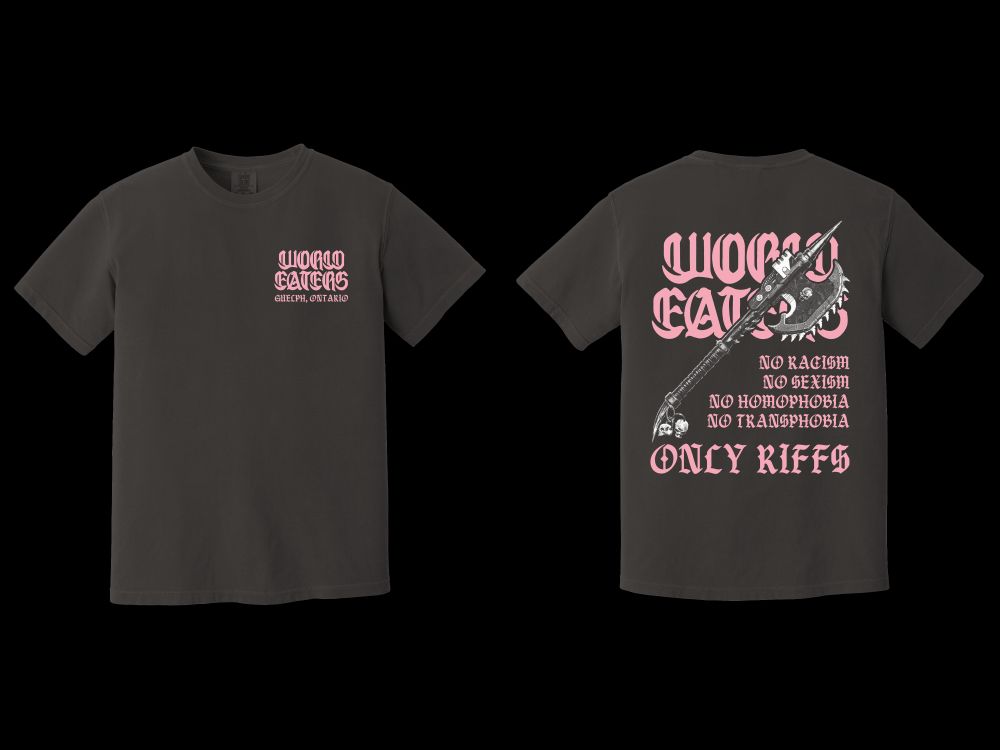 World Eaters chainaxe shirt with pink on pepper comfort colors shirt design