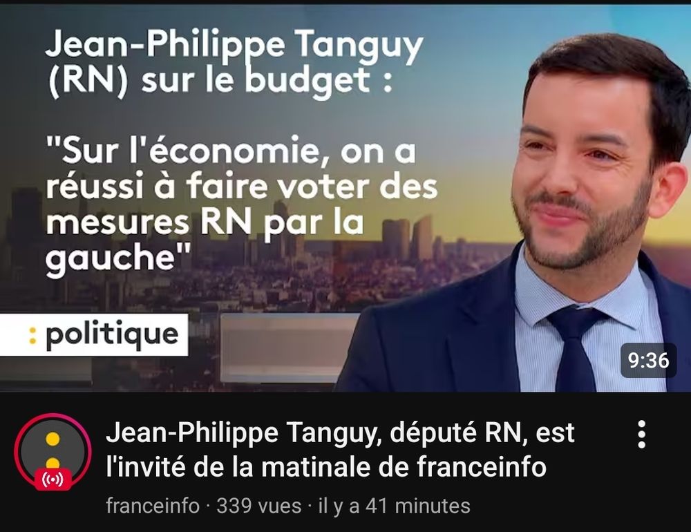 La miniature YouTube d'une vidéo France Info, avec en gros plan ce gros tas de merde de Jean-Philippe Tanguy, tout sourire, tout gentil