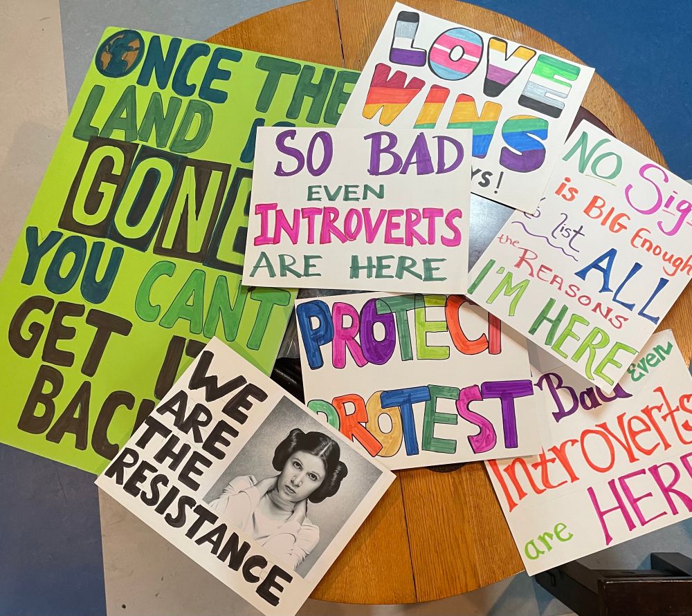Lots of signs… we are resistance, so bad even introverts are here, protect protest, love wins…