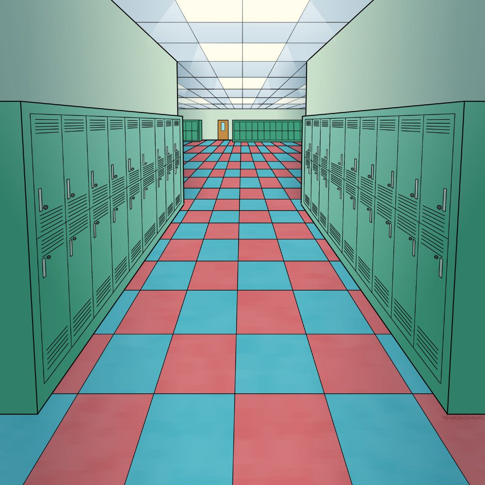 A one-point perspective school hallway with a red and blue tiled floor, fluorescent ceiling lights, and green lockers lining the walls; farthest end meets a (horizontal) corridor with more lockers and a door.