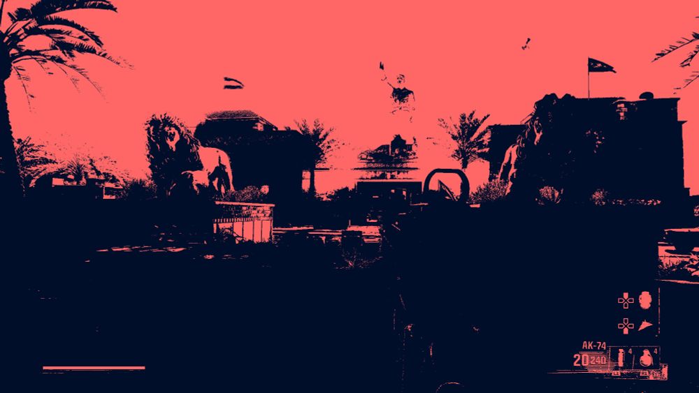 A pink and black, contrasted screenshot of a battlefield in Call of Duty: Black Ops 6.