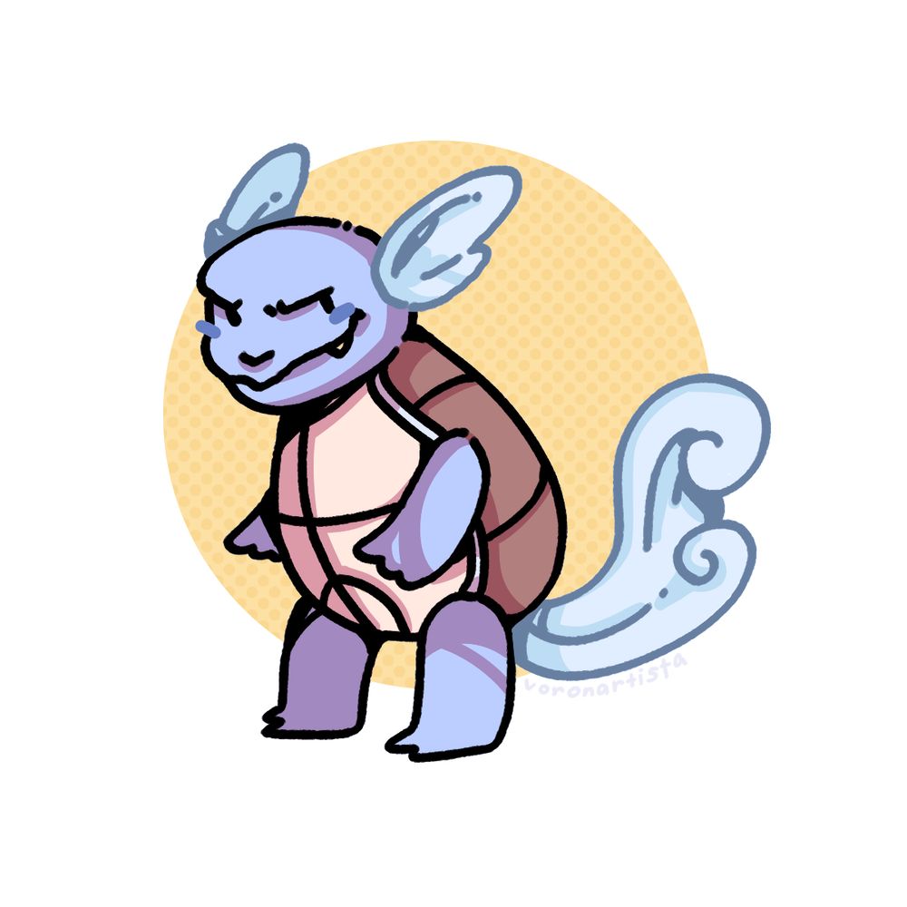 an illustration of wartortle from pokemon, looks like an evil gremlin about to steal your socks
