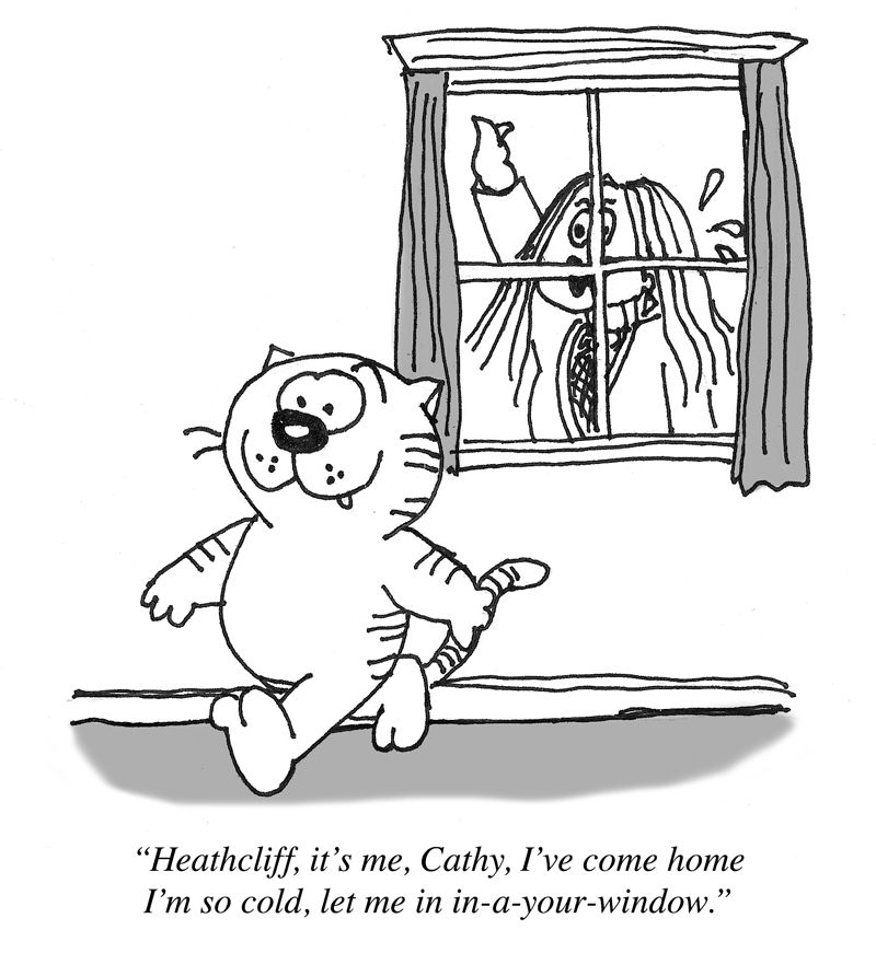 Cartoon cat Heathcliff walking away from a window where the cartoon woman Cathy is asking to be let in.