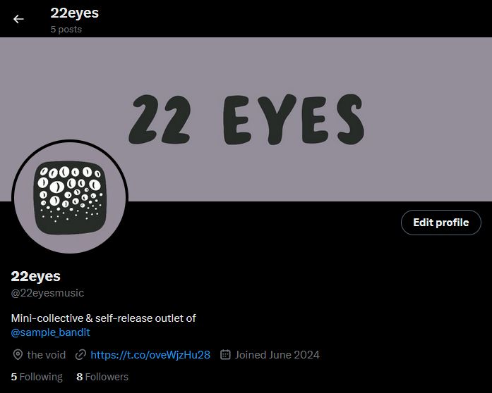 screenshot of @22eyesmusic twitter profile with header and bio