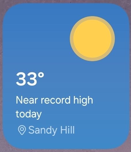 Weather widget screenshot showing that it is 33 degrees celcius with a clear sky and bright sun in Sandy Hill. Text describes the weather as 'near record high today'