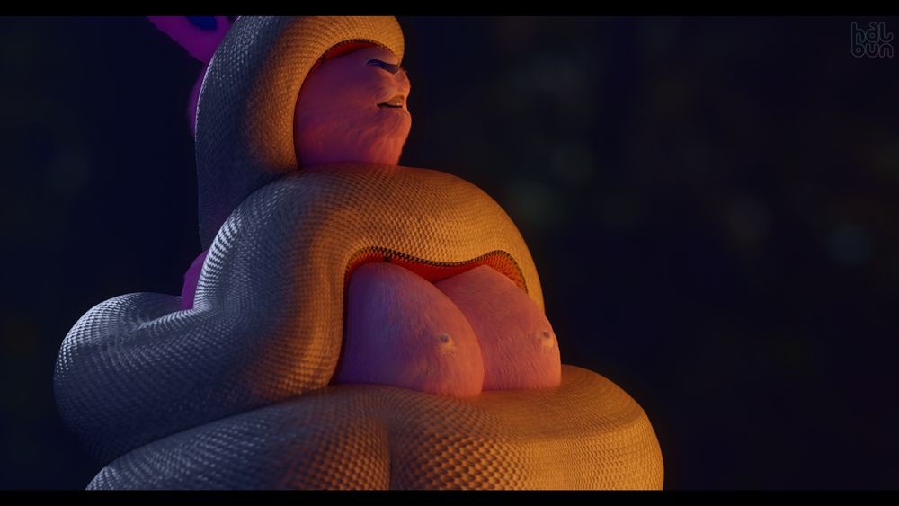 An anthropomorphic female rabbit wrapping in heavy loops of white snake tail, sandwiching her breasts and covering her eyes, while she moans softly in bliss.