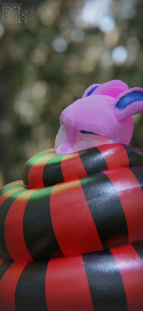 An anthropomorphic pink rabbit wrapped up to her cheeks in a thick red and black striped snake tail. Her eyes are closed, her cheeks resting comfortably against the smooth glossy coils wrapped around her neck and face, looking very peaceful and sleepy.