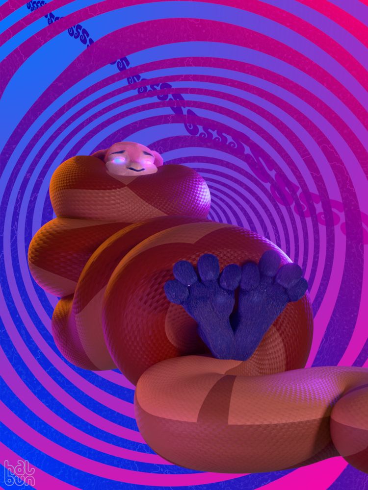 An anthropomorphic rabbit in the thick comfy coils of a light brown diamond-patterned serpent. Buried up to her cheeks in scales, the serpent's hiss can be heard loudly as spirals fill the background, the bunny's paws poking out the bottom of her cocoon and on display for all to see and play with.
