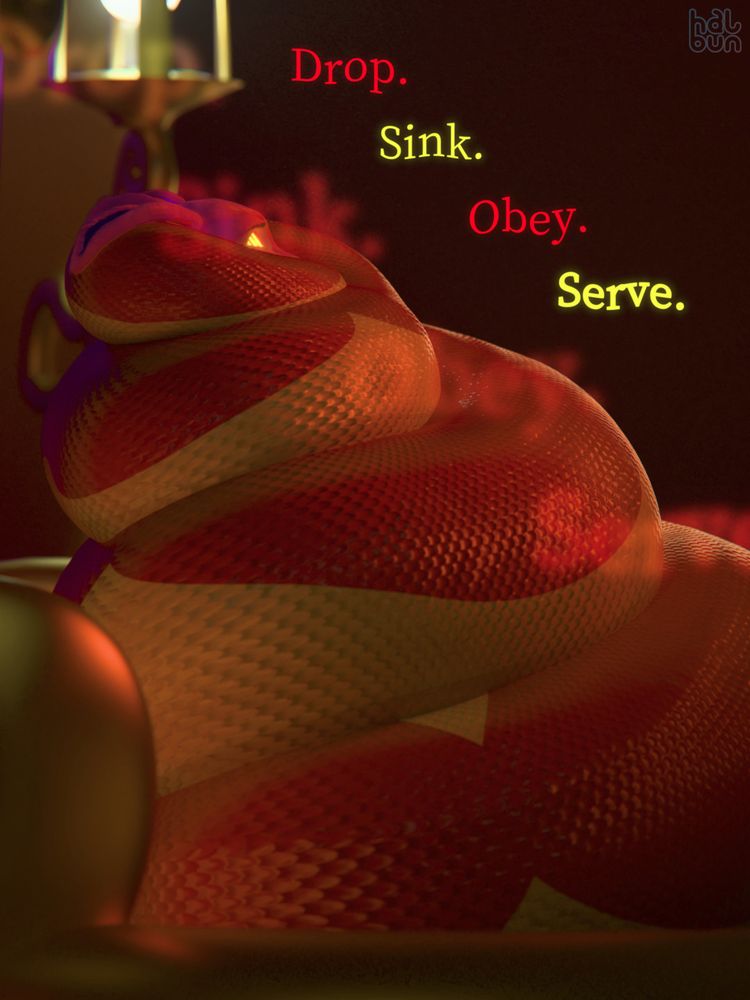 The same image as before but at a different angle, shown from the side. The text reads: Drop. Sink. Obey. Serve.