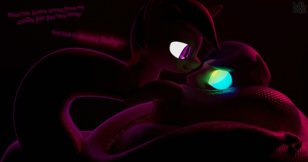 A lamia pony holding a normal pony in her thick serpentine coils. Her coils are a mix of white body with red underbelly, but the scene is lit with dark and moody lighting. A rim light illuminates the shape of her coils, as the light from both of them glowing, spiraling eyes, fills the darkness. The dialogue reads: "You've been away from my coils for far too long. Come back to Mommy Ruby~"