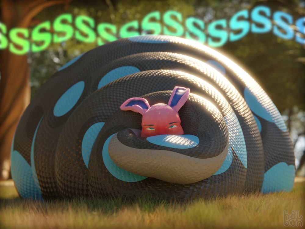 A pink anthro rabbit in the heavy blue and grey coils of a feral serpent, laying on her tummy in a heavy mass of tail, being squeezed tightly and hissed at with the tail tip around her face