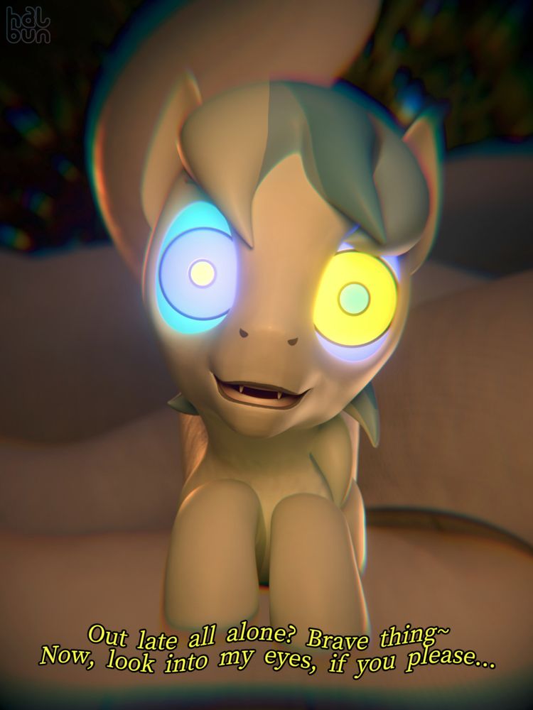 A lamia pony peering down from the trees, the background swarming with slithering white coils belonging to them. Their eyes glow brightly with hypnotic light, staring directly at you, the viewer, as the world fades away around the edges of the screen. The subtitle at the bottom reads "Out late all alone? Brave things~ Now, look into my eyes, if you please..".